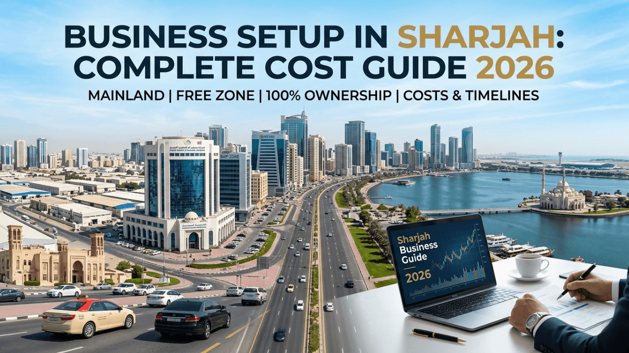 A panoramic aerial view of the Sharjah skyline, commercial hubs, and waterfront, featuring an overlay title that reads "Business Setup in Sharjah: Complete Cost Guide 2026". In the foreground, a professional uses a laptop displaying business analytics next to a notebook and a coffee cup on a modern desk.